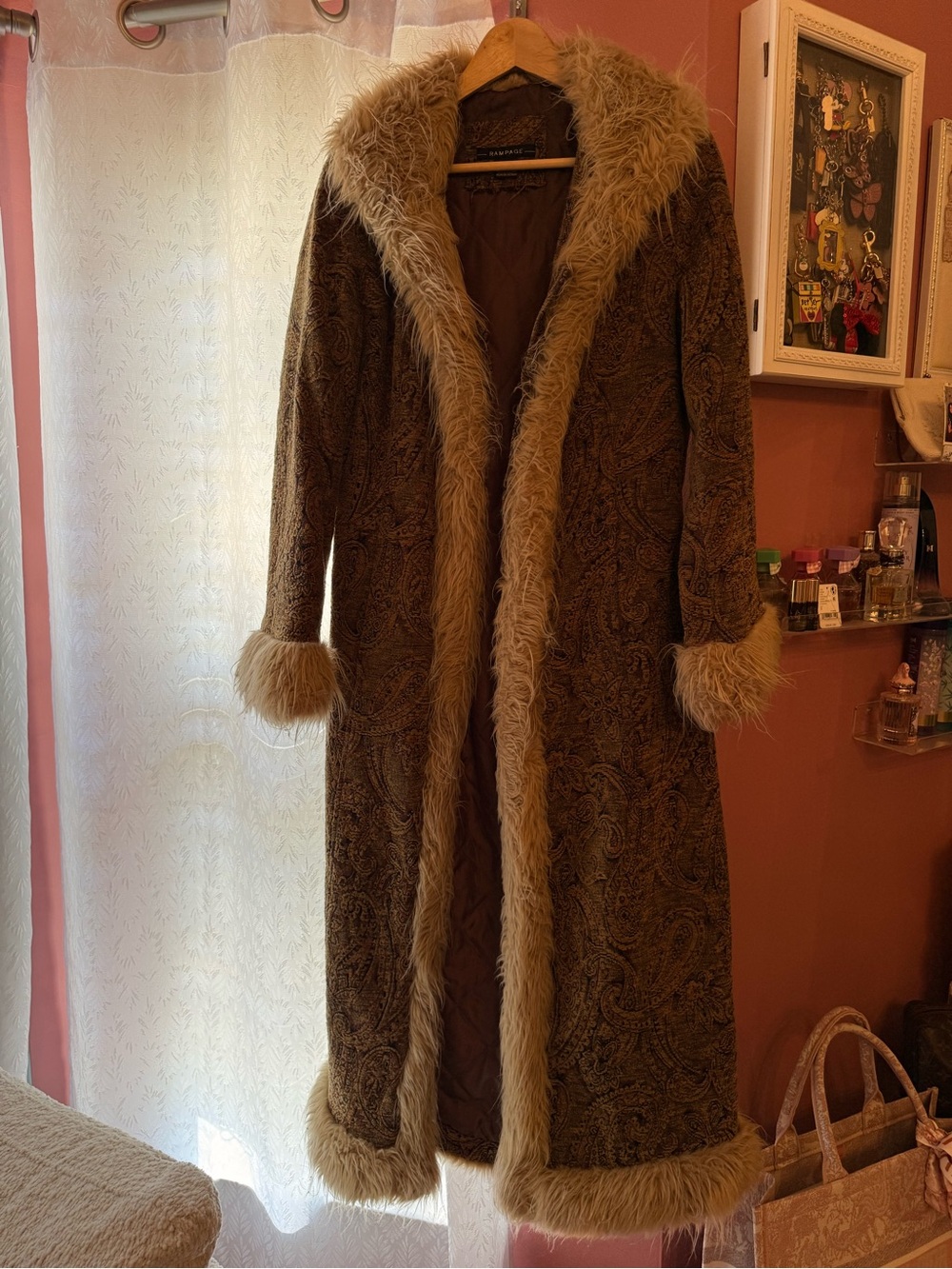 Rampage Brown Paisley penny lane Coat with Tan Faux-Fur Trim